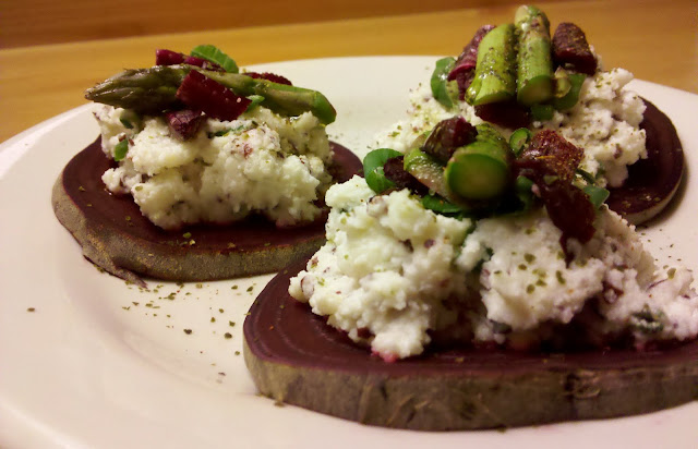Sliced beetroot with herbed almond & cauliflower puree